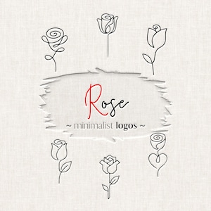 Puede incluir: Logotipos minimalistas de rosas en línea negra sobre fondo blanco texturizado. La palabra "Rose" en escritura roja, con "~ minimalist logos ~" debajo. Los logotipos presentan varios diseños de rosas, ideales para proyectos.