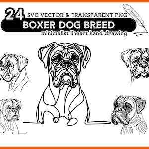 24 Boxer Hunderasse SVG & PNG Bundle - Minimalistische Lineart-Zeichnung, transparentes Hunde Png Bundle, SVG Hundekopf bündeln, kommerzielle Nutzung.