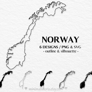 Puede incluir: Diseños en blanco y negro de Noruega, en contorno y silueta. La palabra "NORWAY" se muestra en negrita. La imagen también incluye el texto "6 DESIGNS / PNG & SVG - outline & silhouette -".