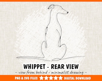 Whippet Dog Sitting View From Back - Whippet Greyhound PNG & SVG Minimalist Personalized Wall Art, Line Drawing -  Digital Download Print