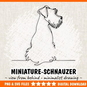Może przedstawiać: Minimalistyczny rysunek liniowy psa sznaucera miniaturowego, widzianego od tyłu. Czarna grafika liniowa jest umieszczona na teksturowanym, kremowym tle. Tekst na dole brzmi "MINIATURE-SCHNAUZER ~ widok z tyłu - minimalistyczny rysunek ~ PNG & SVG FILES DIGITAL DOWNLOAD."