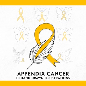 Könnte beinhalten: Digitale Illustration mit gelbem Band und Feder, mit dem Text "APPENDIX CANCER 10 HAND DRAWN ILLUSTRATIONS". Das Design umfasst Schmetterlinge, Tauben und Bänder in minimalistischem Stil, vor einem strukturierten weißen Hintergrund.