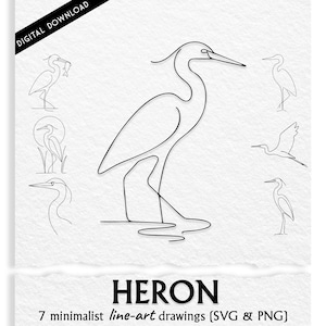May include: Digital download featuring seven minimalist line-art drawings of herons in various poses. The black and white illustrations include a heron standing, flying, and with a fish. The word "HERON" is displayed in bold text.