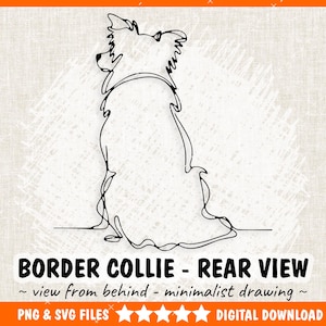 Op de afbeelding: Een minimalistische lijntekening van een Border Collie van achteren. De zwarte omtrek toont de vorm van de hond tegen een getextureerde, gebroken witte achtergrond. De tekst onderaan luidt "BORDER COLLIE - REAR VIEW" en "PNG & SVG FILES DIGITAL DOWNLOAD."