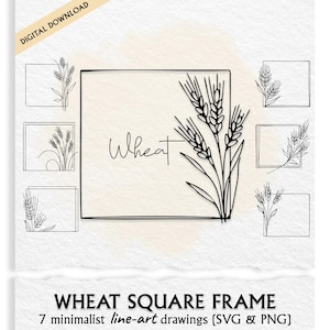 Op de afbeelding: Zwart-wit lijntekeningen van tarwe. Het woord "Wheat" staat in cursief in een vierkant kader, omringd door tarwearen. De afbeelding bevat de tekst "WHEAT SQUARE FRAME" en "DIGITALE DOWNLOAD".