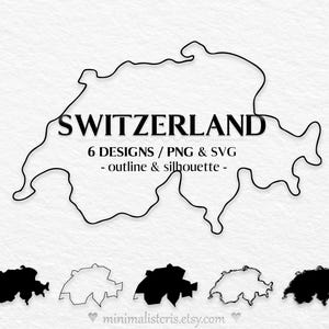 Puede incluir: Un contorno negro del país de Suiza con la palabra «SUIZA» encima. Debajo, seis diseños en formatos PNG y SVG, incluyendo versiones de contorno y silueta. El fondo es blanco texturizado.