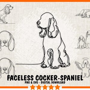 Könnte beinhalten: Ein digitaler Download von Line-Art-Illustrationen von Cocker-Spaniel-Hunden. Die Illustrationen sind in Schwarzweiß gehalten und zeigen verschiedene Posen der Hunde, darunter einen Hund mit geneigtem Kopf, einen sitzenden Hund und einen Hund, der seinen Kopf auf seinen Pfoten ruht. Der Text "FACELESS COCKER-SPANIEL" befindet sich am unteren Rand des Bildes.