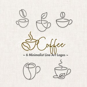 May include: A collection of six black line art coffee cup logos and one gold logo with the text Coffee and 6 Minimalist Line Art Logos. The designs feature various coffee cups with steam, coffee beans, and leaves in a continuous line style.