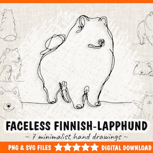 May include: Digital download of seven minimalist line drawings of a Finnish Lapphund dog in different poses. The black line art includes a dog standing, sitting, and lying down. Text reads "FACELESS FINNISH-LAPPHUND" and "~ 7 minimalist hand drawings ~."