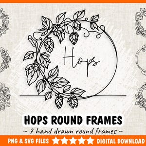 以下が含まれることがあります： ホップと葉のデザインが施された、7つの丸いフレームの白黒イラスト。1つのフレームには中央に「Hops」の文字があります。「HOPS ROUND FRAMES」と「PNG & SVG FILES」の文字も表示されています。