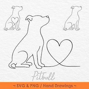 Könnte beinhalten: Schwarz-Weiß-Illustration eines Pitbull-Hundes mit einem Herz. Das Design zeigt eine durchgehende Linie, die den Umriss des Hundes und ein Herz bildet. Das Wort "Pitbull" ist darunter geschrieben.