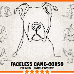 May include: A digital download of line art illustrations of a Cane Corso dog in various poses. The dog is depicted without facial features, giving it a minimalist and abstract look. The illustrations are perfect for creating unique designs for t-shirts, mugs, stickers, and other products.