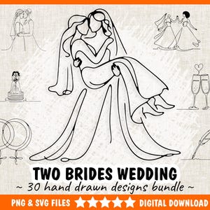 Puede incluir: Un conjunto de 30 ilustraciones de boda dibujadas a mano que representan a dos novias, un brindis con champán, un pastel de bodas y un par de anillos. Las ilustraciones son en blanco y negro y son perfectas para crear invitaciones de boda, tarjetas de agradecimiento u otras papelería de boda.