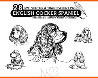 28 English Cocker Spaniel SVG & PNG Bundle - Minimalist Lineart Drawing , Transparent Dog Png Bundle, Svg Dog Heads Bundle, Commercial Use.