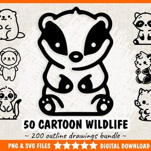 Cartoon Animals SVG & PNG Bundle – 50 Cute Cartoon Animals Designs Each In 4 Different Stances, 200 Outline Drawings – Commercial Use.