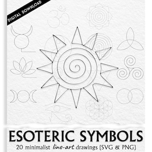 Op de afbeelding: Een digitale downloadafbeelding met minimalistische lijntekeningen van esoterische symbolen, waaronder een zon met een spiraalvormig centrum, een lotusbloem en een halve maan. De tekst "ESOTERIC SYMBOLS" wordt hieronder weergegeven.