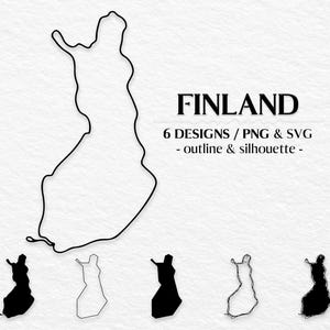 Könnte beinhalten: Schwarz-weiße Grafik mit dem Umriss von Finnland und dem Wort „FINLAND“ in fetter Schrift. Darunter werden sechs verschiedene Designs der Landesform gezeigt. Der Text weist darauf hin, dass die Designs in PNG- und SVG-Formaten verfügbar sind.