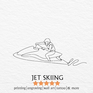 Puede incluir: Un dibujo de línea negra sobre fondo blanco que representa a una persona con casco montando una moto de agua. El texto dice JET SKIING, printing | engraving | wall art | tattoo | & more, y minimalistcris.etsy.com con dos iconos de corazón.
