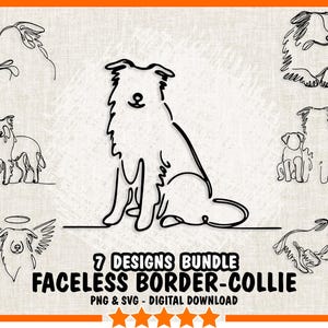 Op de afbeelding: Een set van 7 zwart-witte lijnkunstontwerpen met gezichtsloze border collies in verschillende poses. De ontwerpen zijn perfect voor knutselprojecten, digitale downloads en meer.