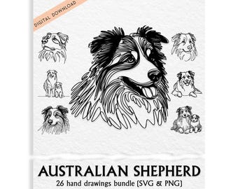 Australian Shepherd SVG & PNG Clipart Bundle: 26 Aussie Digital Line Art, Minimalist Vector Dog Drawing for Sublimation, Digital Download
