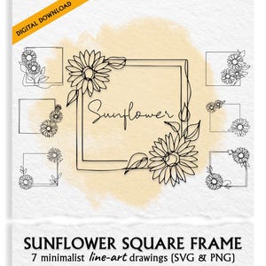 May include: Digital download featuring minimalist line-art drawings of sunflowers in square frames. The word "Sunflower" is written in cursive. The image has a watercolor-like yellow background.