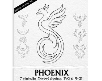 Paquete de SVG y PNG de ave fénix: 7 dibujos minimalistas de aves fénix dibujados a mano: descarga digital para manualidades, arte mural y regalos.
