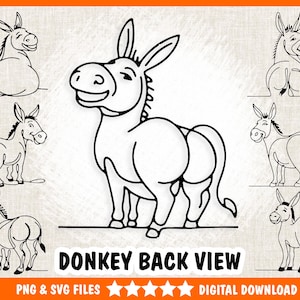 Puede incluir: Un conjunto de dibujos en blanco y negro de burros vistos desde atrás. Los burros están en varias poses, con sus colas levantadas y sus orejas erguidas. Los dibujos son simples y estilizados, y serían perfectos para usar en un libro para niños u otro proyecto creativo.