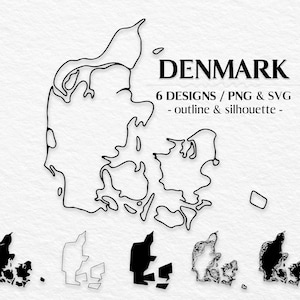 May include: A graphic featuring the outline of Denmark, with the country's name in bold black letters. Below, six design variations are displayed, including outline and silhouette versions. The text indicates the designs are available in PNG and SVG formats.