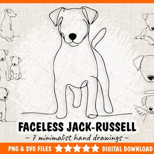 Può includere: Un download digitale con sette disegni a tratto minimalisti di Jack Russell terrier. Le illustrazioni sono in bianco e nero, con una grande immagine centrale e sei varianti più piccole. Il testo in basso recita "FACELESS JACK-RUSSELL" e "~ 7 minimalist hand drawings ~."