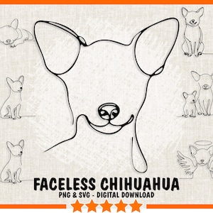 以下が含まれることがあります： 顔のないチワワの線画イラストのデジタルダウンロード。画像には、翼とハローが付いたチワワなど、チワワのデザインのバリエーションが複数含まれています。
