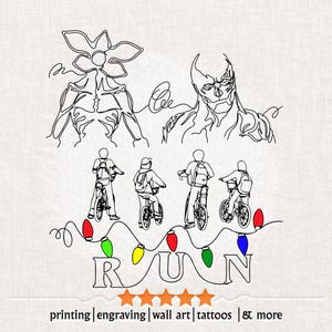 May include: A line drawing illustration depicting characters and elements from a science fiction series. The image shows figures on bicycles, monsters, and the word "RUN" with colourful lights. Suitable for wall art, tattoos, and engraving.