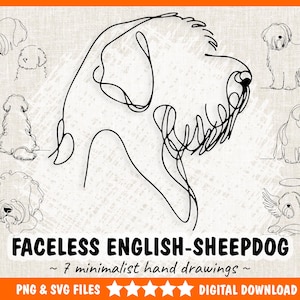Könnte beinhalten: Eine Sammlung von sieben schwarzen Strichzeichnungen eines Bobtails, darunter ein großes zentrales Profil, verschiedene stehende Posen und eine Figur mit Flügeln und Heiligenschein. Der Text lautet FACELESS ENGLISH-SHEEPDOG ~ 7 minimalist hand drawings ~.