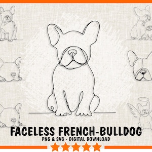 May include: A digital download of line art illustrations of French Bulldogs. The illustrations are black and white and feature the dogs in various poses, including sitting, lying down, and standing. The text "Faceless French-Bulldog" is included in the image.