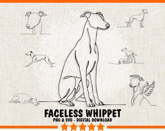 Faceless Whippet Dog SVG & PNG Bundle – 7 Minimalist Outline Hand-Drawn Designs, Whippet Line Art Bundle, Digital Print  - Commercial Use.