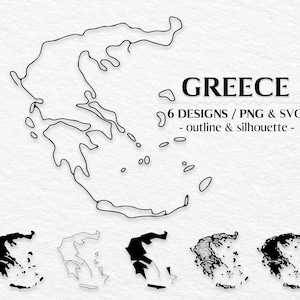 May include: A black and white graphic showing the outline of Greece, with the word "GREECE" above it. Below are six different designs of the country's outline and silhouette. The text reads "6 DESIGNS / PNG & SVG - outline & silhouette -."