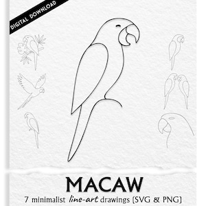 May include: Digital download featuring seven minimalist line-art drawings of macaws. The images are in SVG and PNG formats. The drawings are in black and white, with a simple, clean design. The word "MACAW" is written in bold, black letters.
