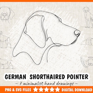 May include: A set of seven minimalist line drawings of German Shorthaired Pointers in various poses. The drawings are in black and white and are suitable for use as digital downloads.