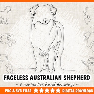 Puede incluir: Dibujos lineales negros de pastores australianos en varias poses. La imagen incluye siete dibujos minimalistas a mano de la raza de perro. El texto en la parte inferior dice "FACELESS AUSTRALIAN SHEPHERD" y "~ 7 dibujos minimalistas a mano ~".