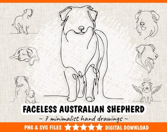 Faceless Australian Shepherd Dog Bundle PNG & SVG – 7 Minimalist Australian Shepherd Line Drawing, Digital Download - Commercial Use.