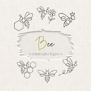 May include: Minimalist bee logos in black line art. The image features several bee designs, including bees with honeycombs, flowers, and crowns. The word "Bee" is written in a cursive font, with the text "minimalist logos" below.
