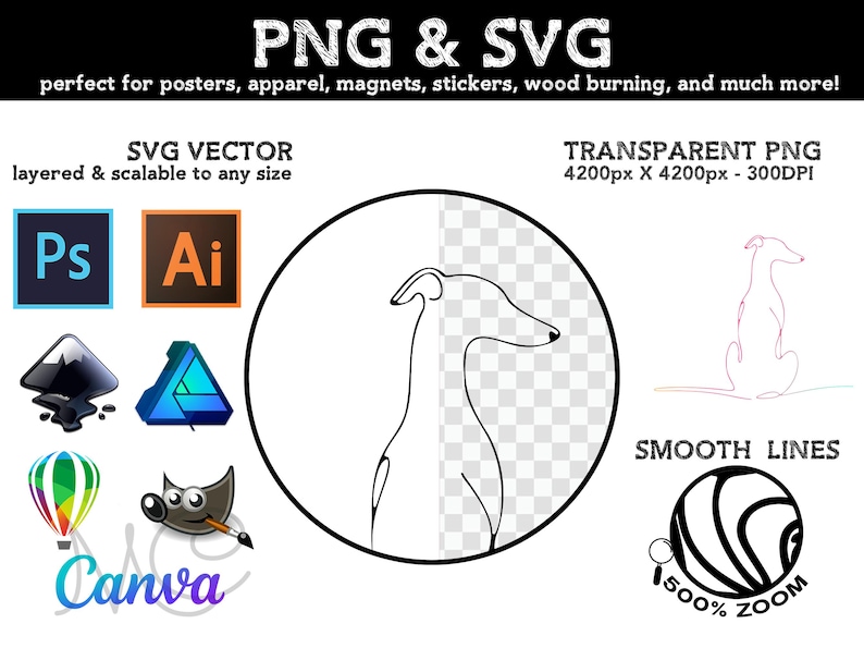 Whippet Hund Sitzender Blick von hinten - Whippet Greyhound PNG & SVG Minimalistische personalisierte Wandkunst, Linienzeichnung - Digitaler Download Druck