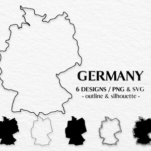 May include: A white background with the word "GERMANY" in black, along with six designs of the German map in outline and silhouette. The designs are in PNG and SVG formats.