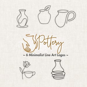 May include: A collection of six black line art illustrations featuring pottery shapes, a flower with a cup, and hands shaping a vessel. The central text reads Pottery and 6 Minimalist Line Art Logos, with the URL minimalistcris.etsy.com on the side.