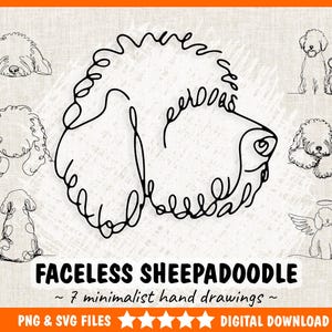 Op de afbeelding: Een digitale downloadafbeelding met zeven minimalistische lijntekeningen van een Sheepadoodle-hond. De tekeningen zijn in zwart tegen een getextureerde, gebroken witte achtergrond. De tekst "FACELSS SHEEPADOODLE" wordt hieronder weergegeven.