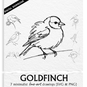 May include: Digital download of seven minimalist line-art drawings of birds, including a goldfinch. The drawings are in black lines on a white background. The word "GOLDFINCH" is displayed in bold, black letters.