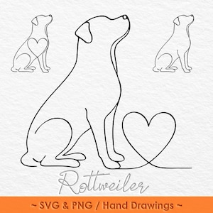 Peut inclure: Illustration au trait d'un Rottweiler regardant vers le haut, avec un cœur intégré au dessin. Comprend le mot "Rottweiler" et le texte "SVG & PNG / Hand Drawings".