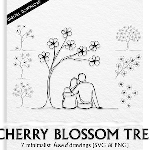 Cherry Blossom Tree Minimalist Hand Drawings PNG & SVG Bundle – 7 Line Art Cherry Blossom Sketch, Digital Download for Printing and Crafts.