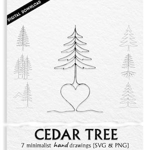 Può includere: Download digitale con sette disegni minimalisti di alberi di cedro disegnati a mano in linee nere su sfondo bianco. Il disegno centrale dell'albero incorpora una forma di cuore. Sono presenti anche i testi "CEDAR TREE" e "DIGITAL DOWNLOAD".