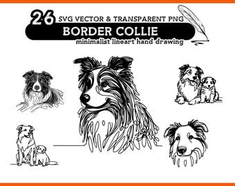 26 Border Collie Hunde SVG & PNG Bundle - Minimalistische Lineart Zeichnung, Transparentes Hunde Png Bundle, SVG Hundekopf Bundle, kommerzielle Nutzung.