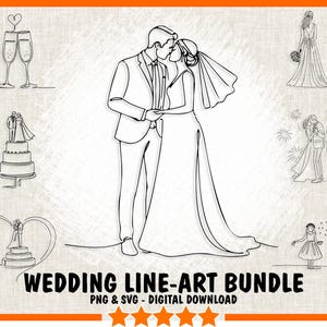 Puede incluir: Un paquete de ilustraciones de boda de línea de arte. El paquete incluye una novia y un novio besándose, un pastel de bodas, una pareja con fuegos artificiales, una novia y un novio con un corazón, y una novia y un novio con un corazón y copas de champán.